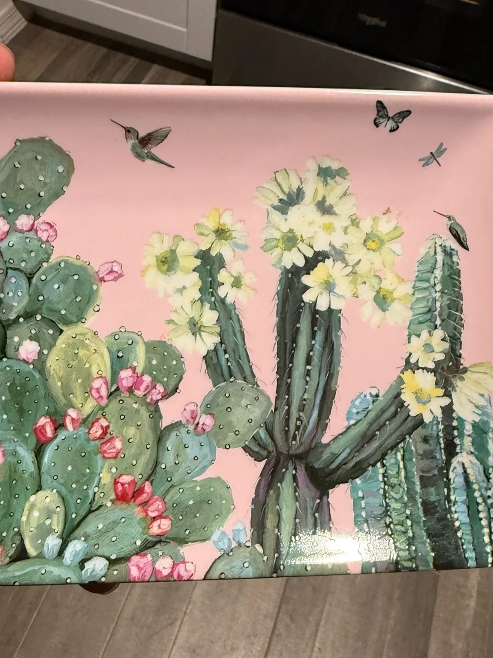 Pink Cactus Floral Tray with Hummingbird Motif